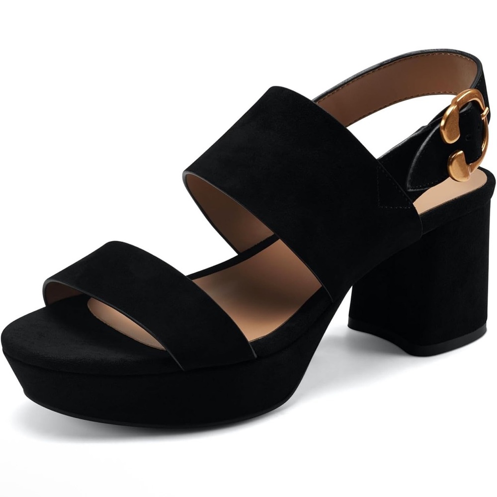 AEROSOLES Black Suede Sandals with Gold Buckle